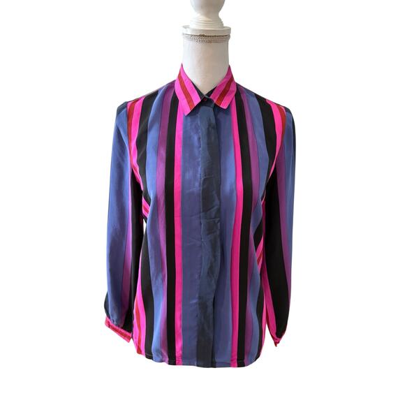 Vintage Oleg Cassini Silk Bold Stripe Button Down Shirt Pink Blue Black 8 - Picture 1 of 5
